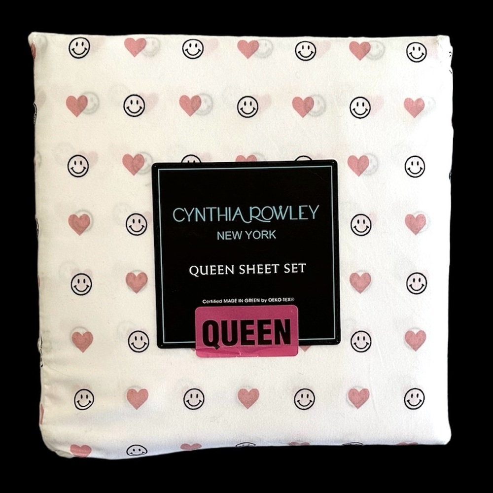 Cynthia Rowley Queen Sheets Set Pink Hearts & Smiley Faces NEW Sustainably Made - Picture 2 of 5